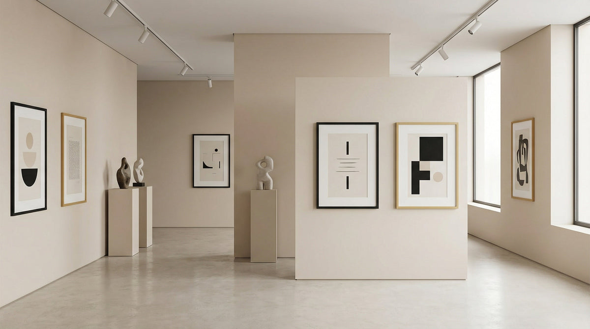 Galerie minimaliste avec affiches et oeuvres inspirees du style Bauhaus aux tons neutres.