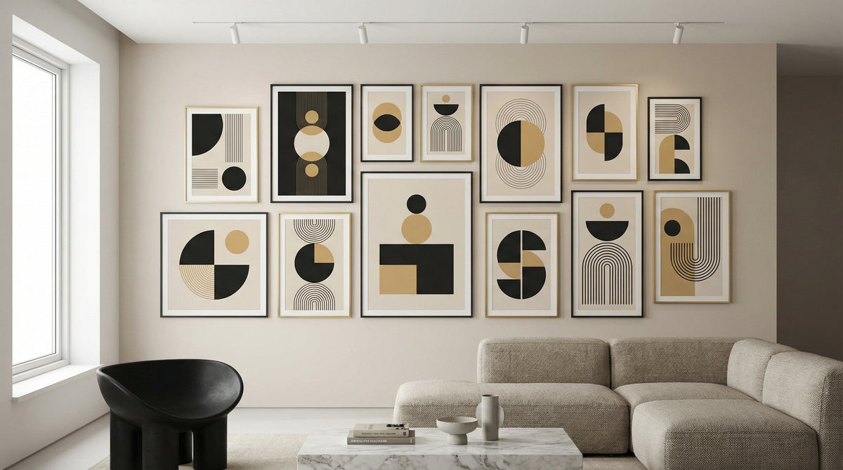 Composition murale d affiches bauhaus et formes geometriques noir beige et ocre dans un salon moderne et epure