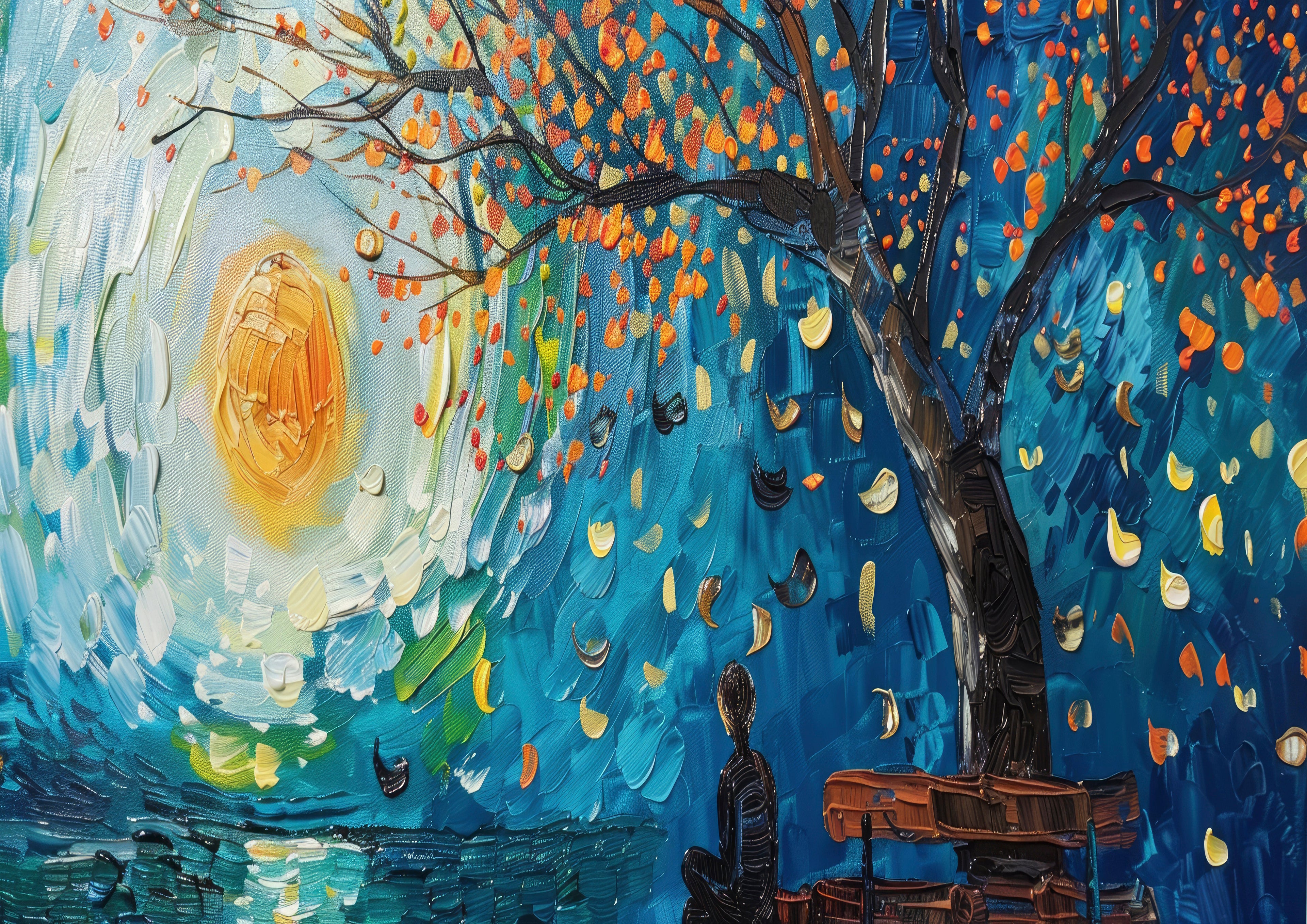 Affiche artistique art moderne représentant un paysage nocturne, un arbre stylisé, une lune lumineuse et une ambiance poétique aux couleurs profondes.