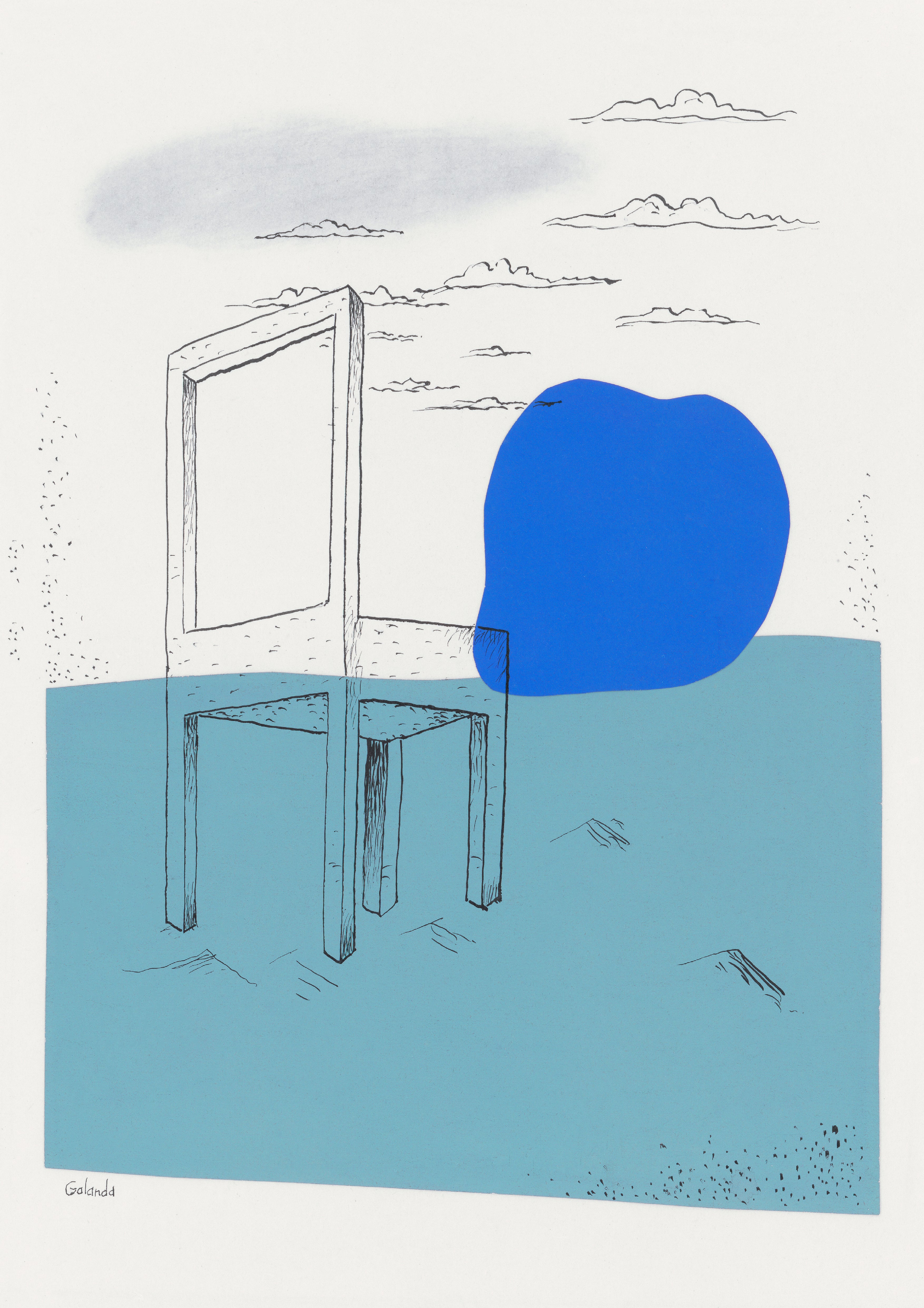 Affiche d’art moderne minimaliste représentant une chaise dessinée et une forme bleue abstraite, dans un style épuré et contemporain, idéale pour une décoration murale design et artistique.