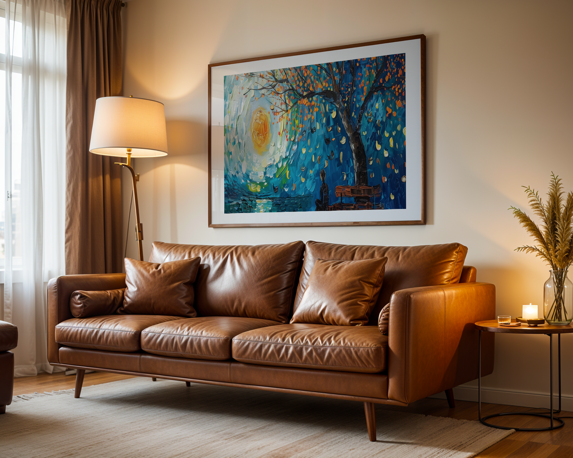 Affiche d’art moderne encadrée, représentant un paysage nocturne, mise en situation dans un salon chaleureux à la décoration contemporaine.