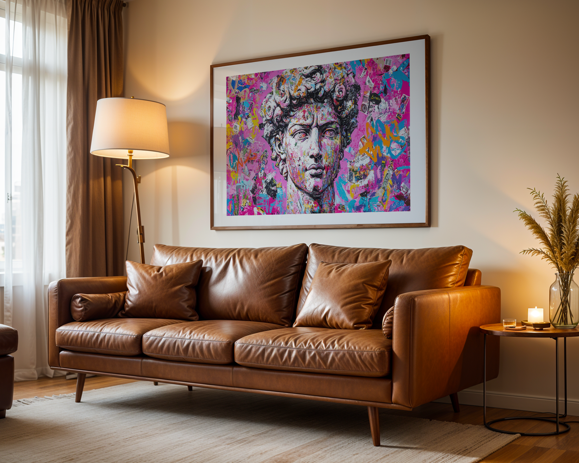 Affiche d’art moderne représentant un portrait de statue classique en style street art, encadrée et exposée dans un salon contemporain.