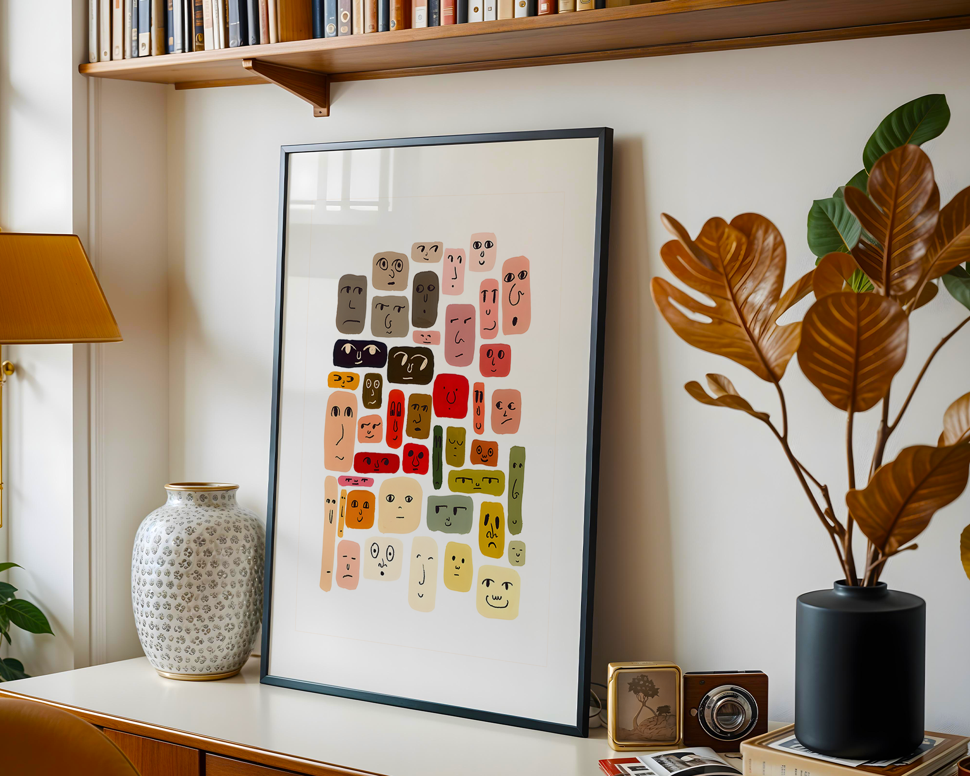Affiche d’art moderne avec visages abstraits présentée dans un intérieur élégant, parfaite pour une décoration murale design et chaleureuse.