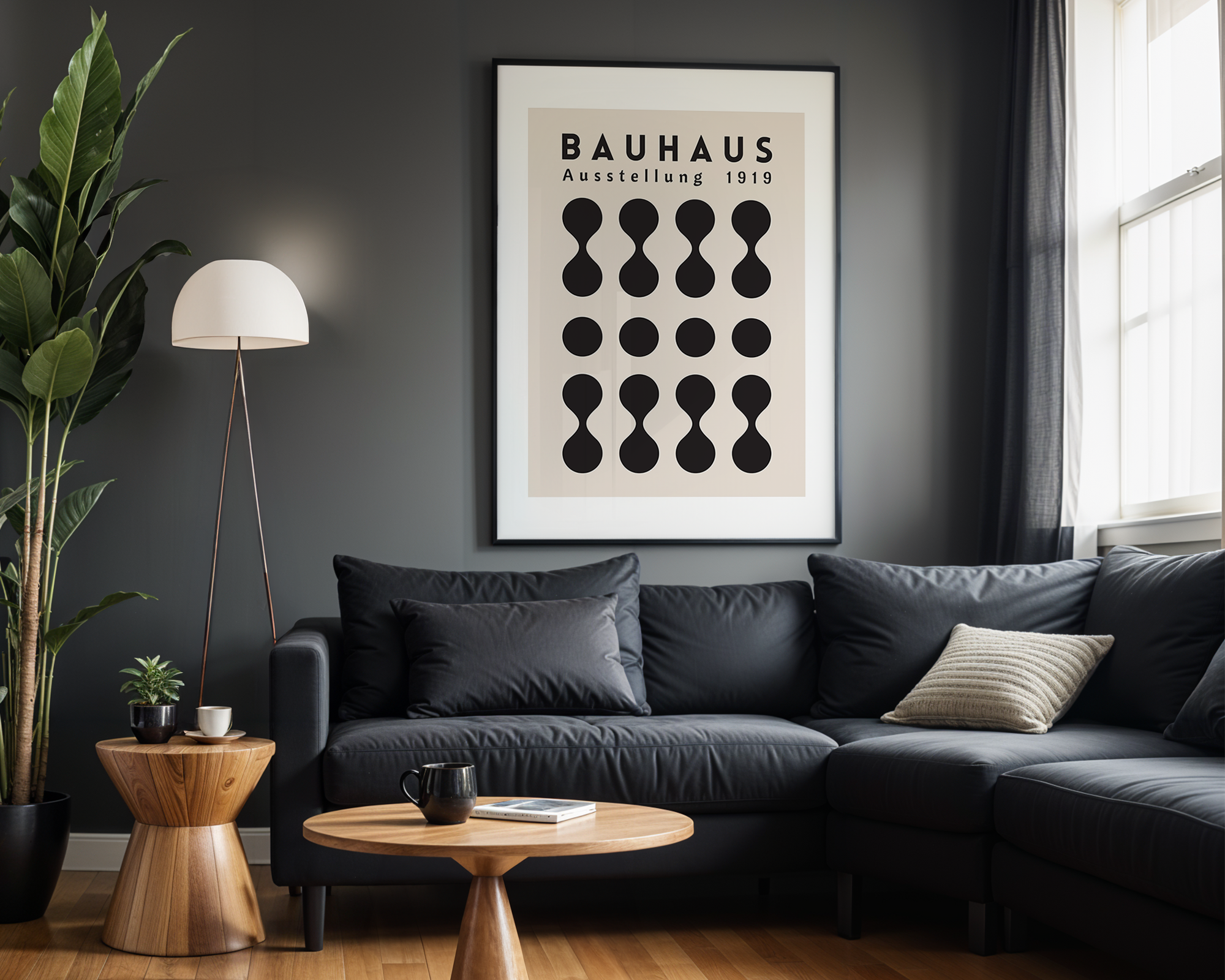 Poster Bauhaus encadre expose dans un salon contemporain sombre.