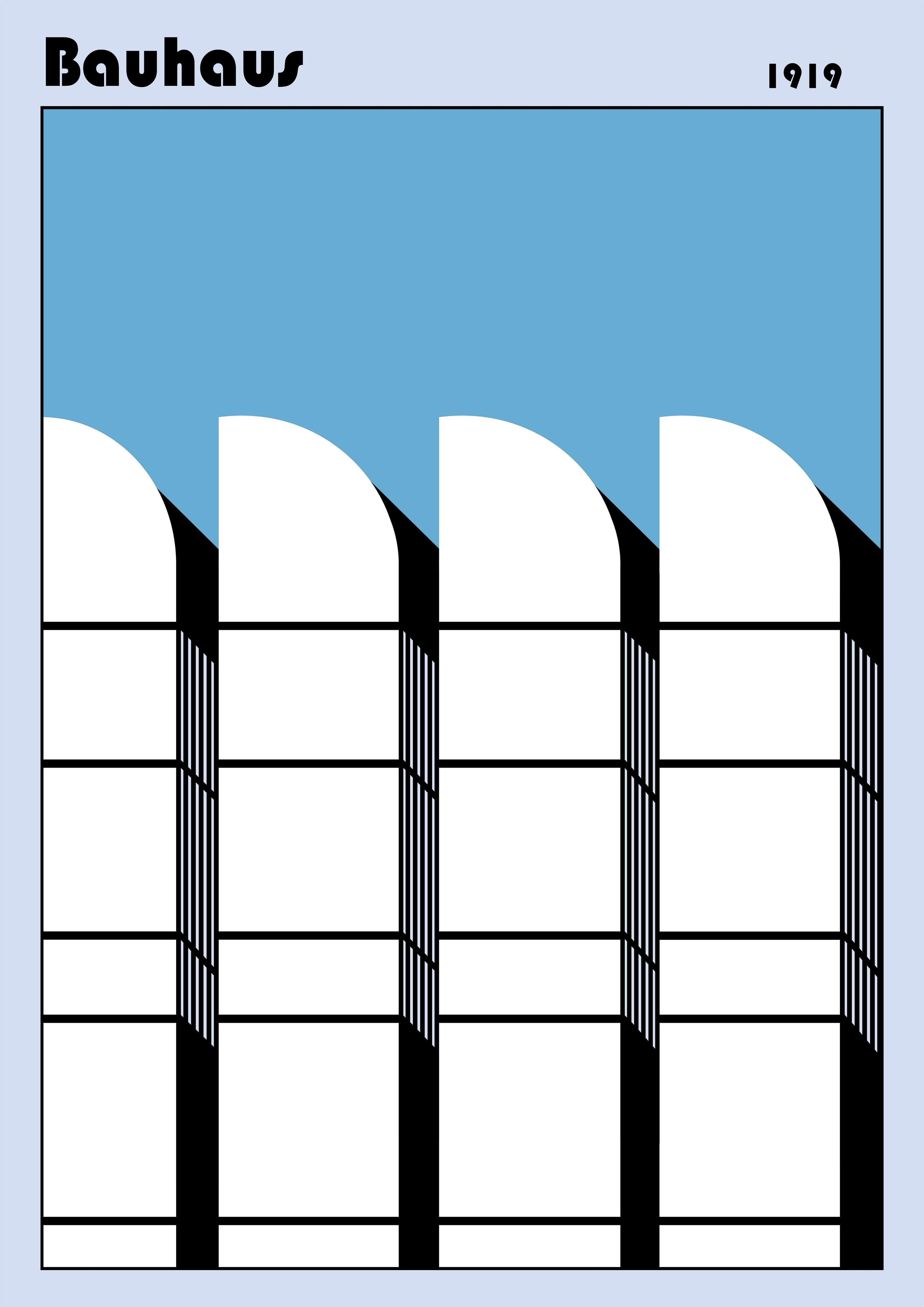 Poster Bauhaus 1919 representant des formes architecturales geometriques sur fond bleu.