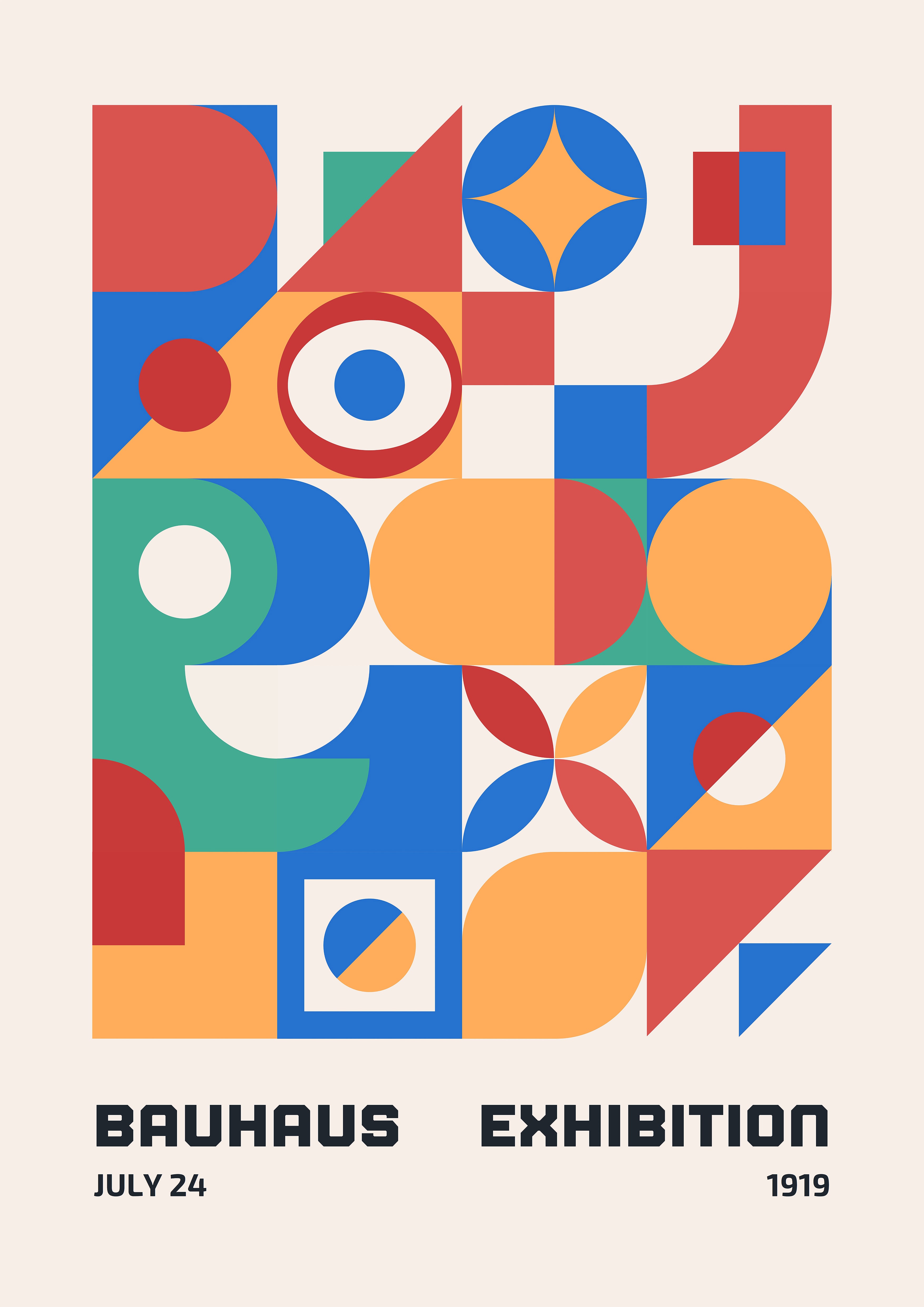 Poster Bauhaus 1919 compose de formes geometriques colorees style moderniste.