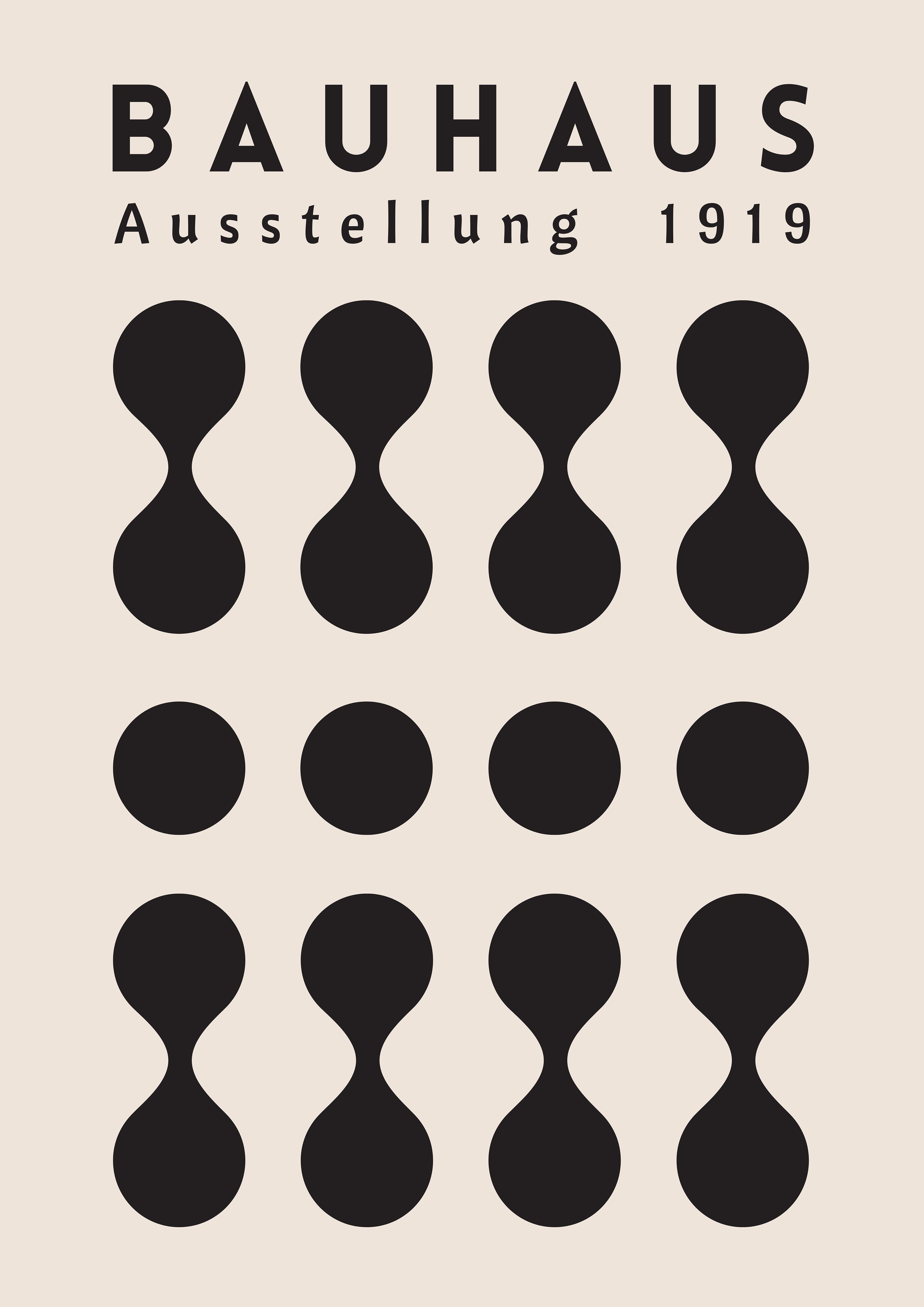Poster Bauhaus 1919 avec motifs geometriques noirs sur fond beige.