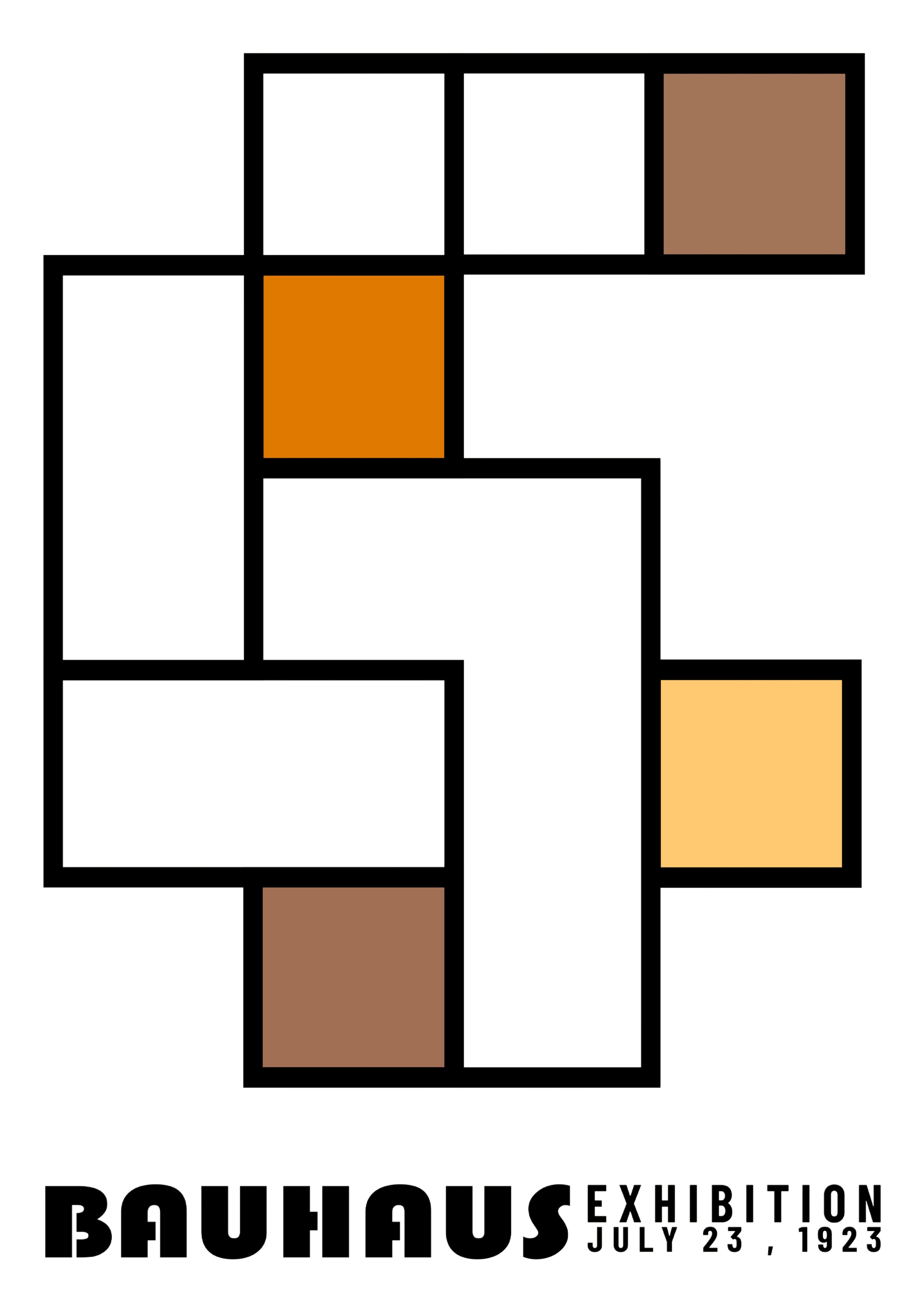 Poster Bauhaus compose de blocs geometriques blancs bruns et orange avec contour noir.