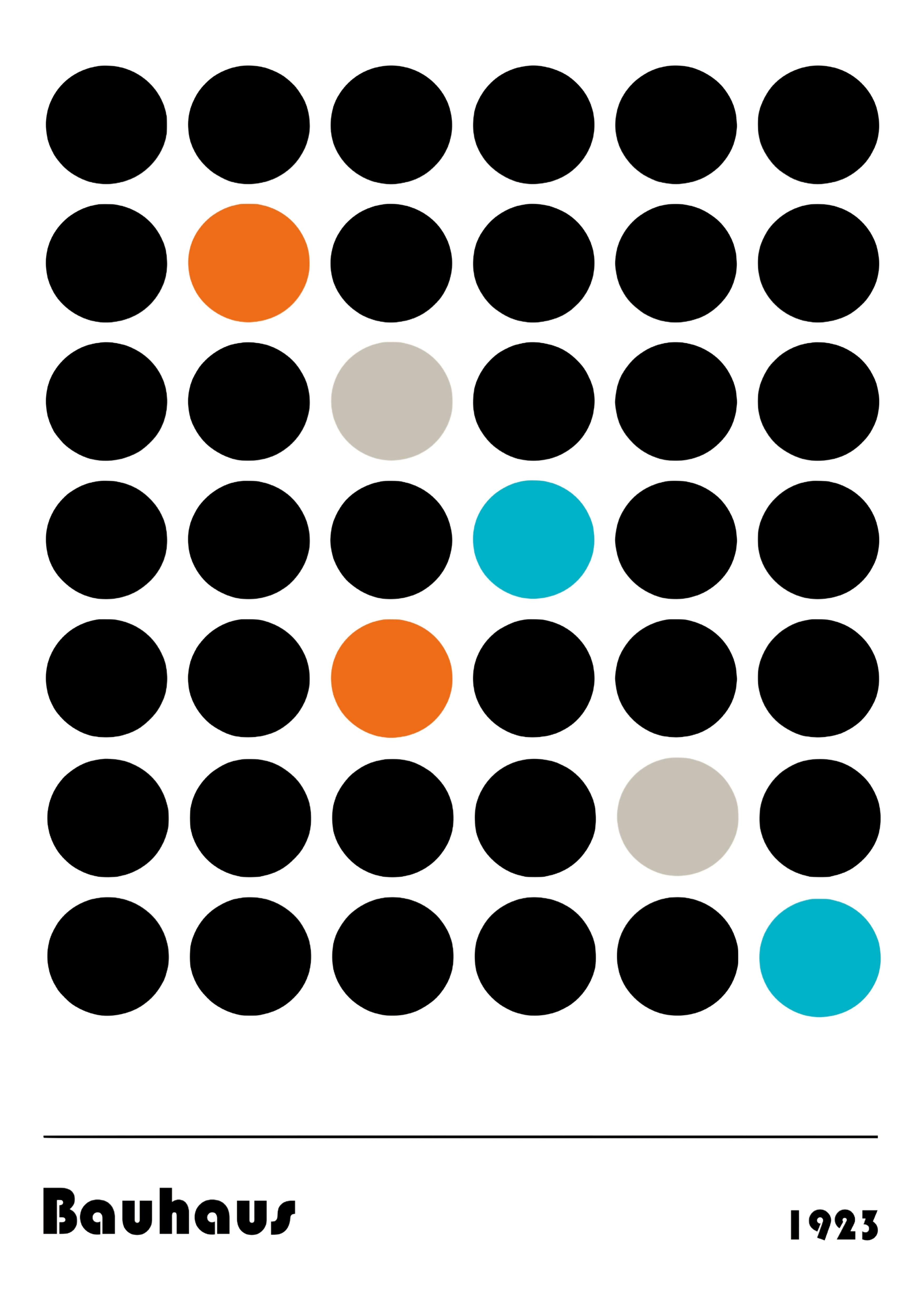 Poster Bauhaus 1923 compose de cercles noirs avec touches orange bleu et beige.