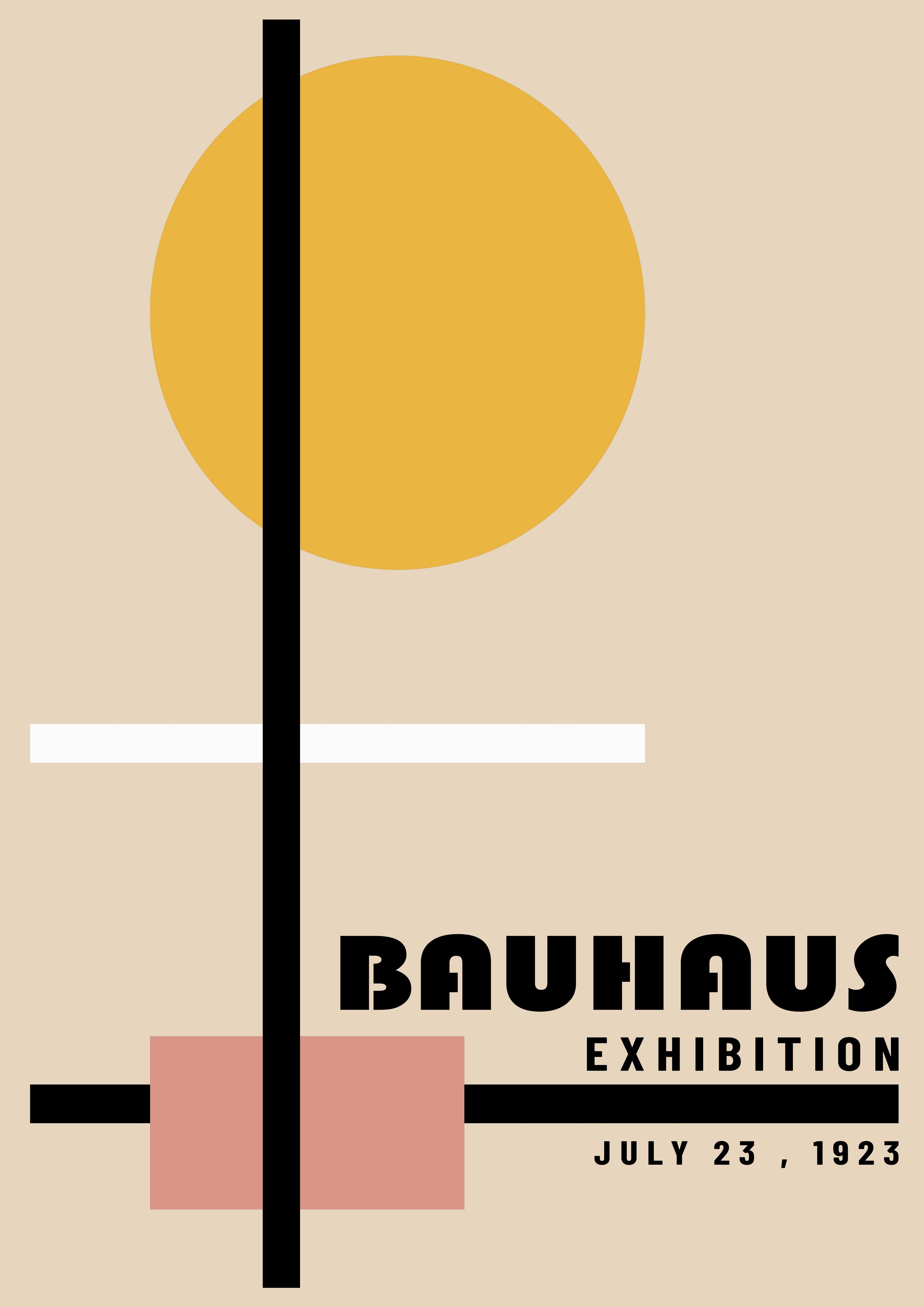 Poster Bauhaus 1923 avec cercle jaune barres noires et rectangle rose sur fond beige.