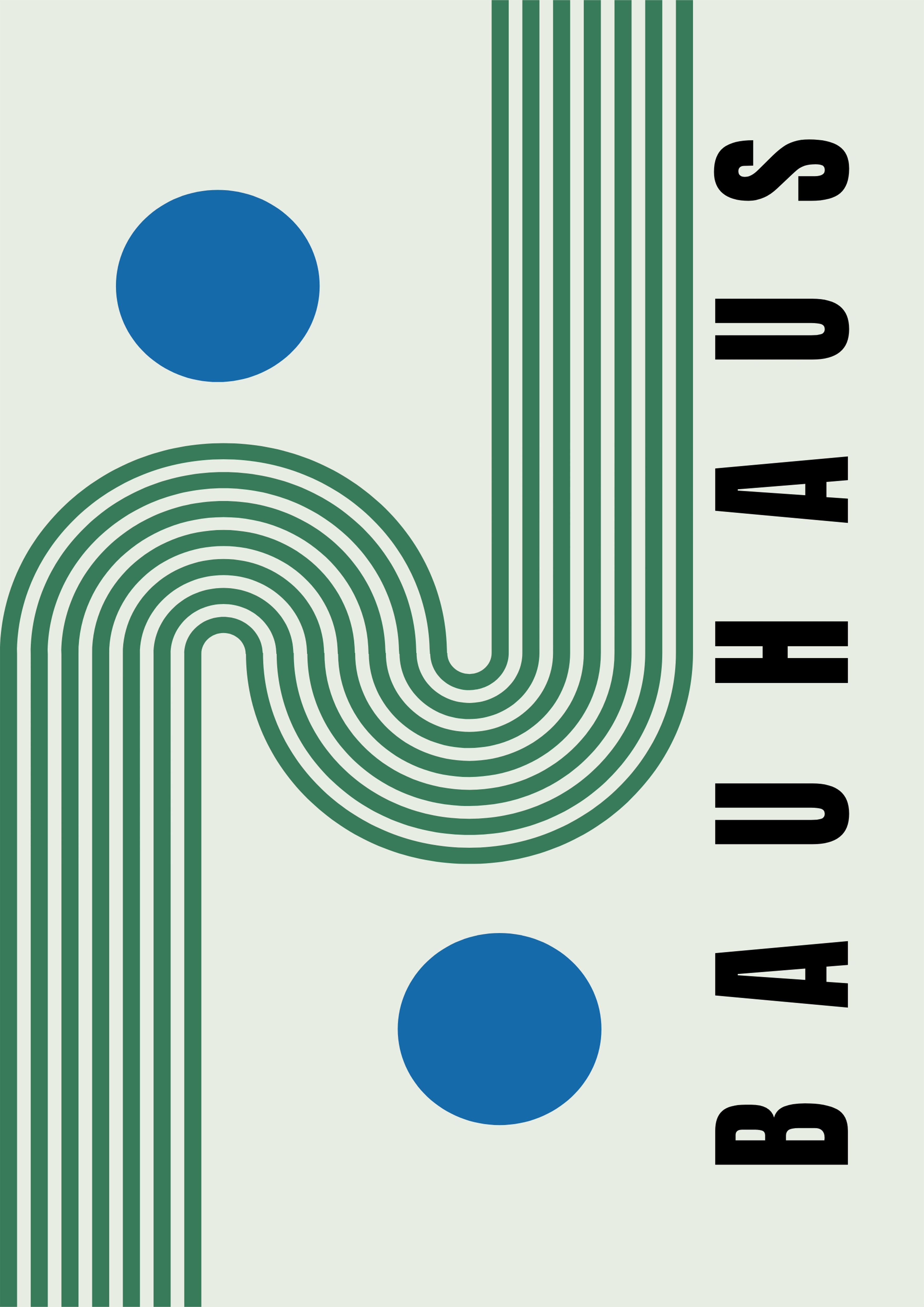Poster Bauhaus minimaliste avec lignes courbes vertes et cercles bleus.