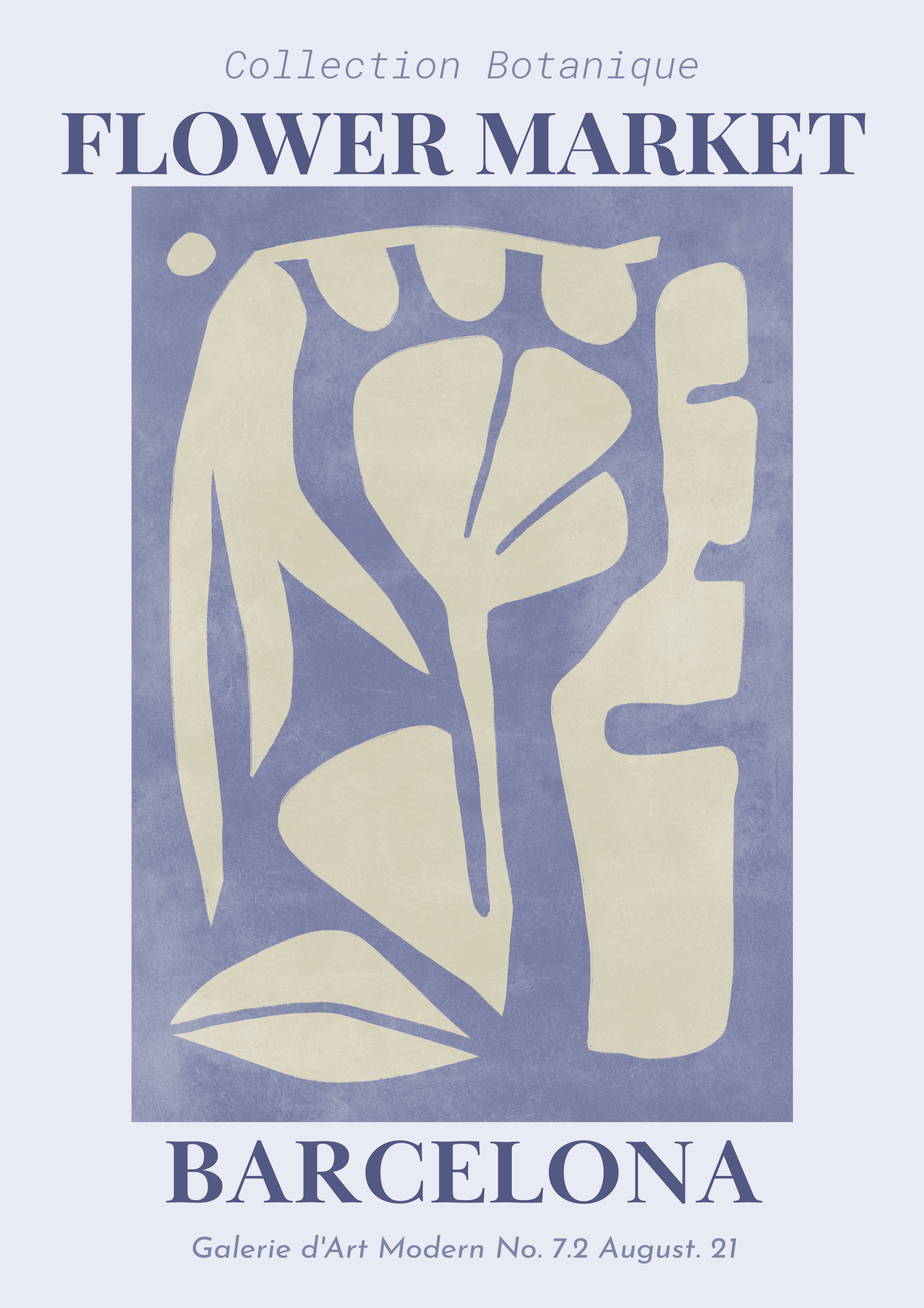 Affiche botanique art moderne Flower Market Barcelona, illustration florale abstraite aux tons bleu et beige, idéale pour une décoration murale élégante et contemporaine.
