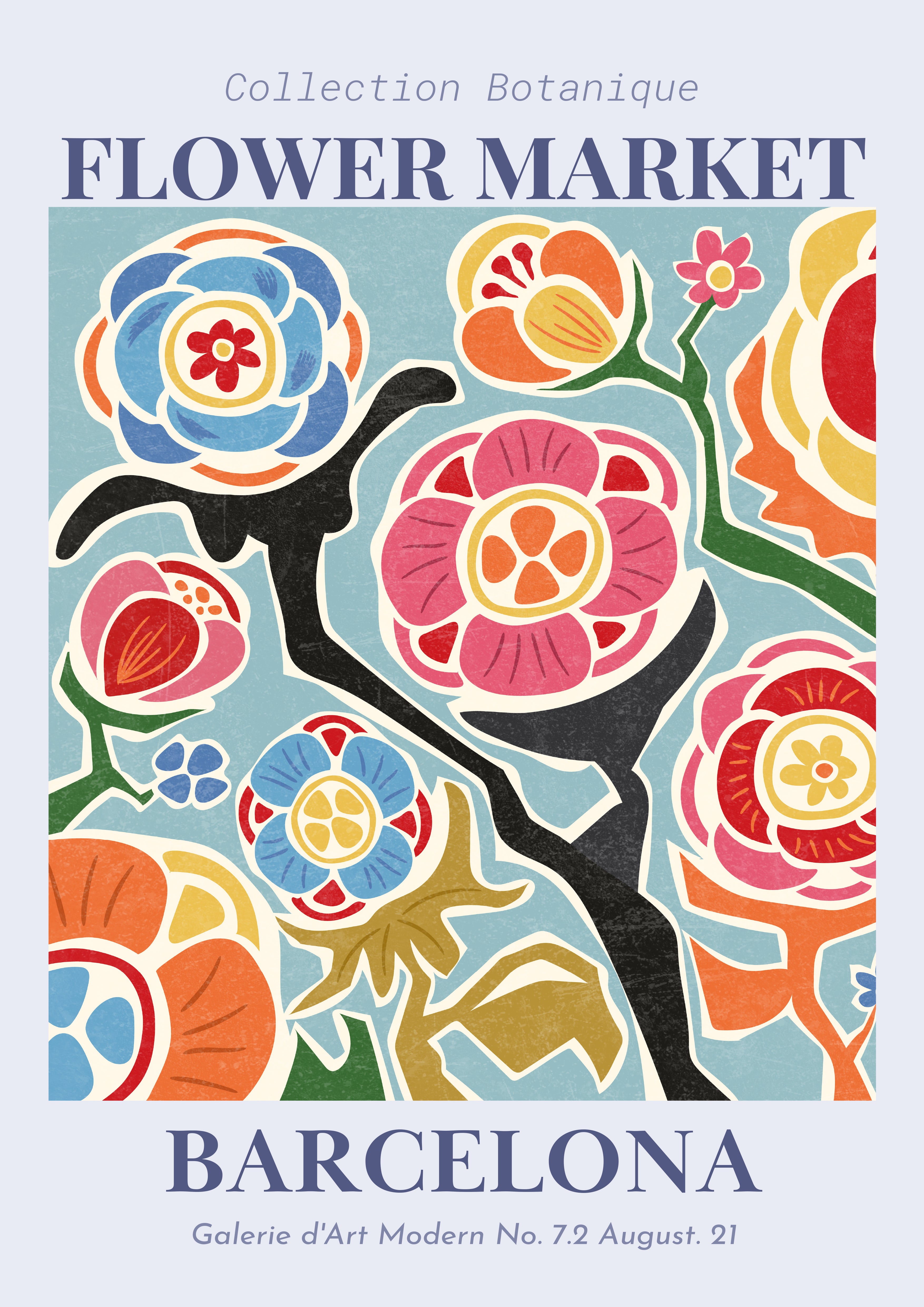 Affiche Flower Market Barcelona, illustration botanique art moderne.