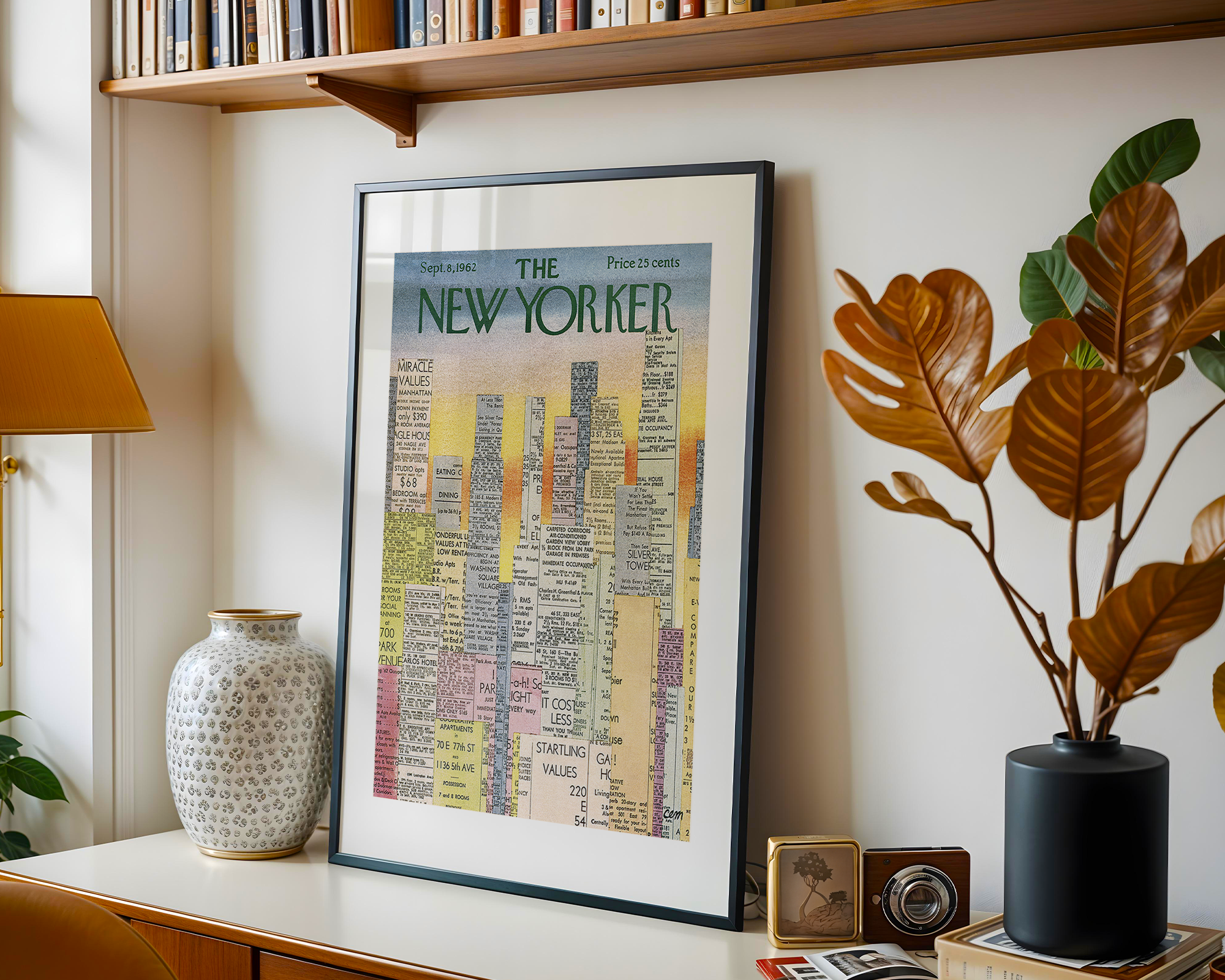 Affiche New Yorker encadrée, présentée dans un intérieur chaleureux, décoration murale art moderne.