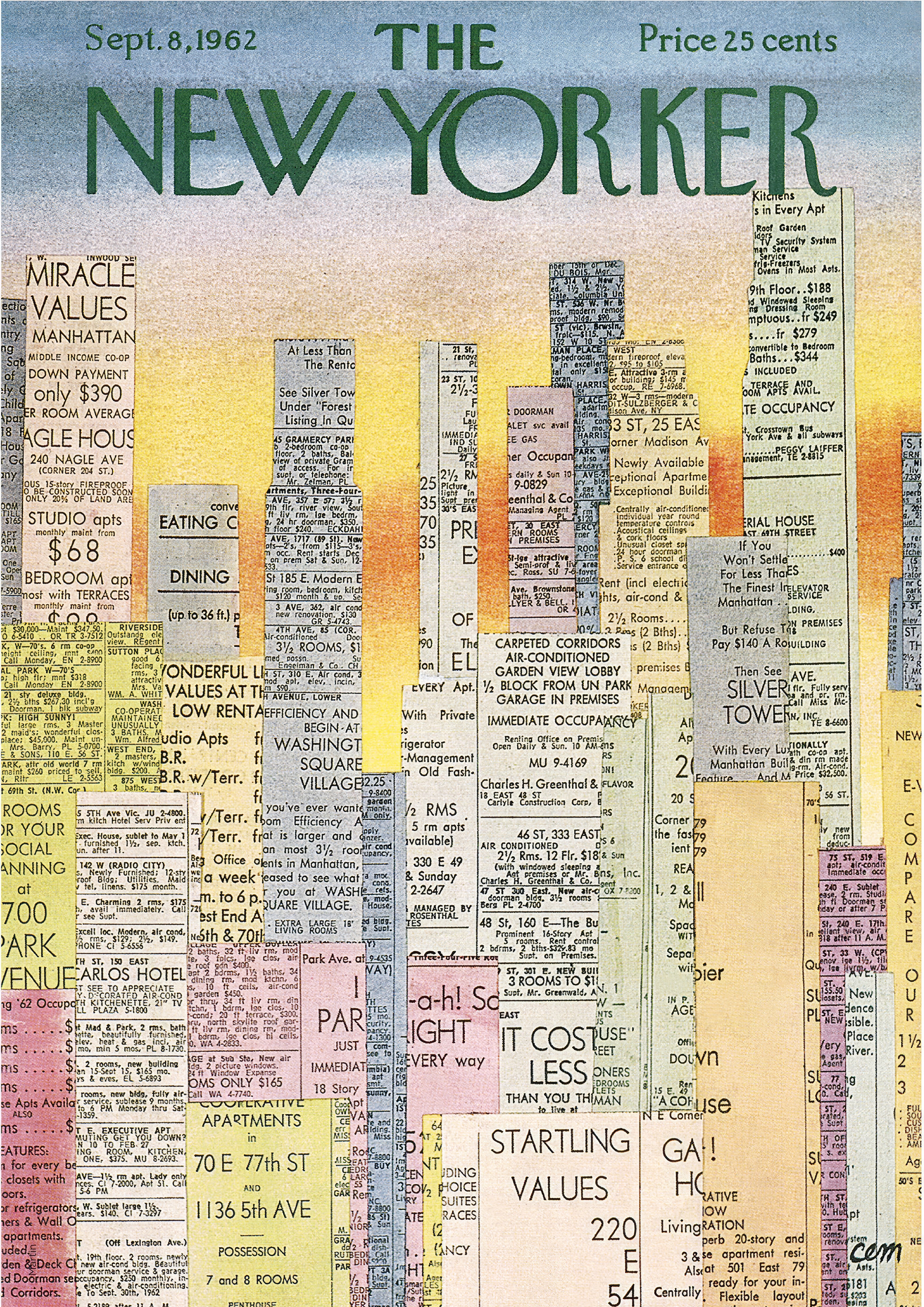 Affiche vintage New Yorker représentant une skyline de New York en collage graphique, style art moderne.
