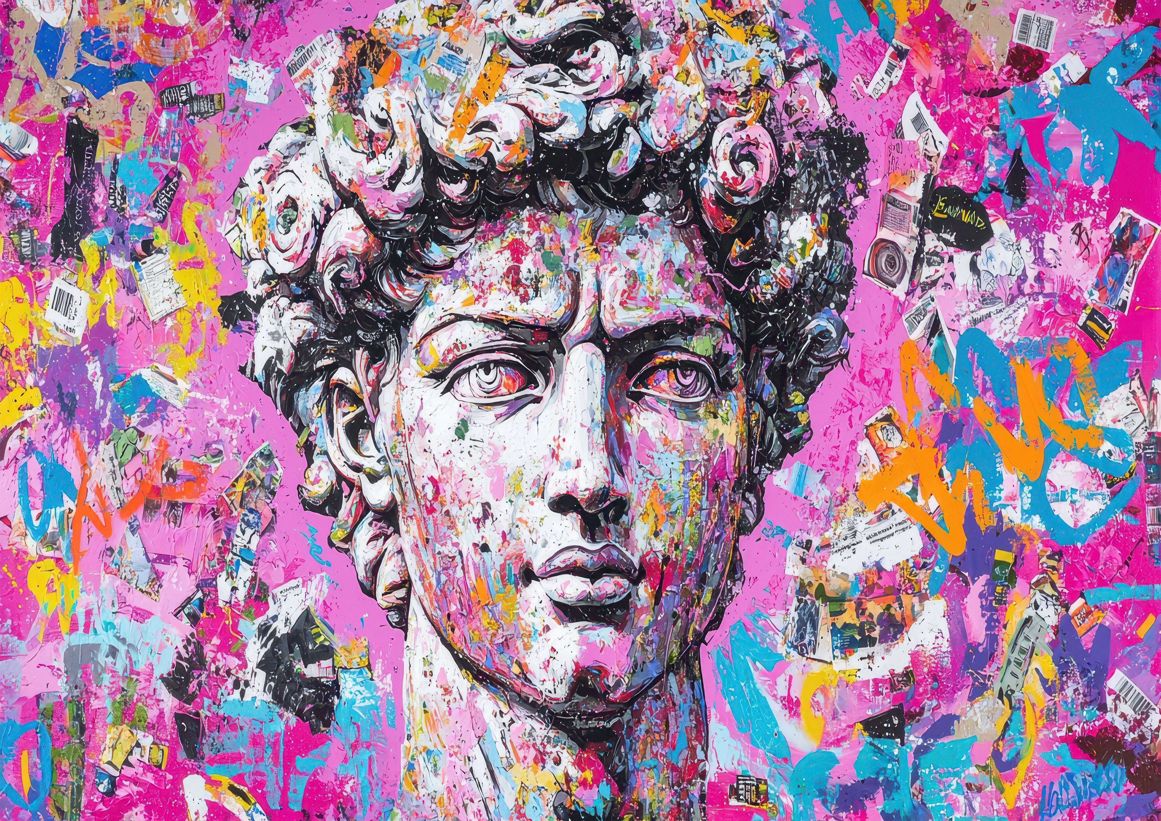 Portrait artistique de style street art représentant une statue classique, revisité avec des couleurs vives et des textures contemporaines.